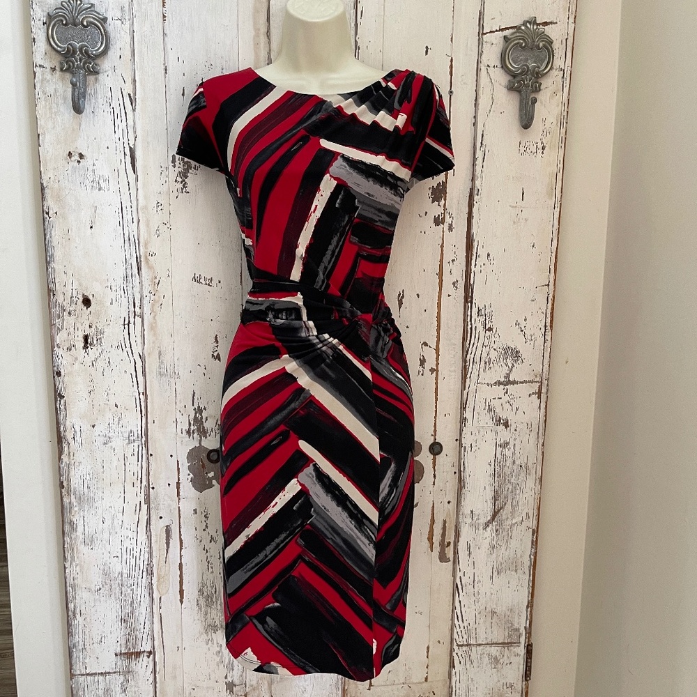 Ellen Tracy Sz 8 Woman's Red Gray Black Ivory Twist Sheath Career Cocktail Dress